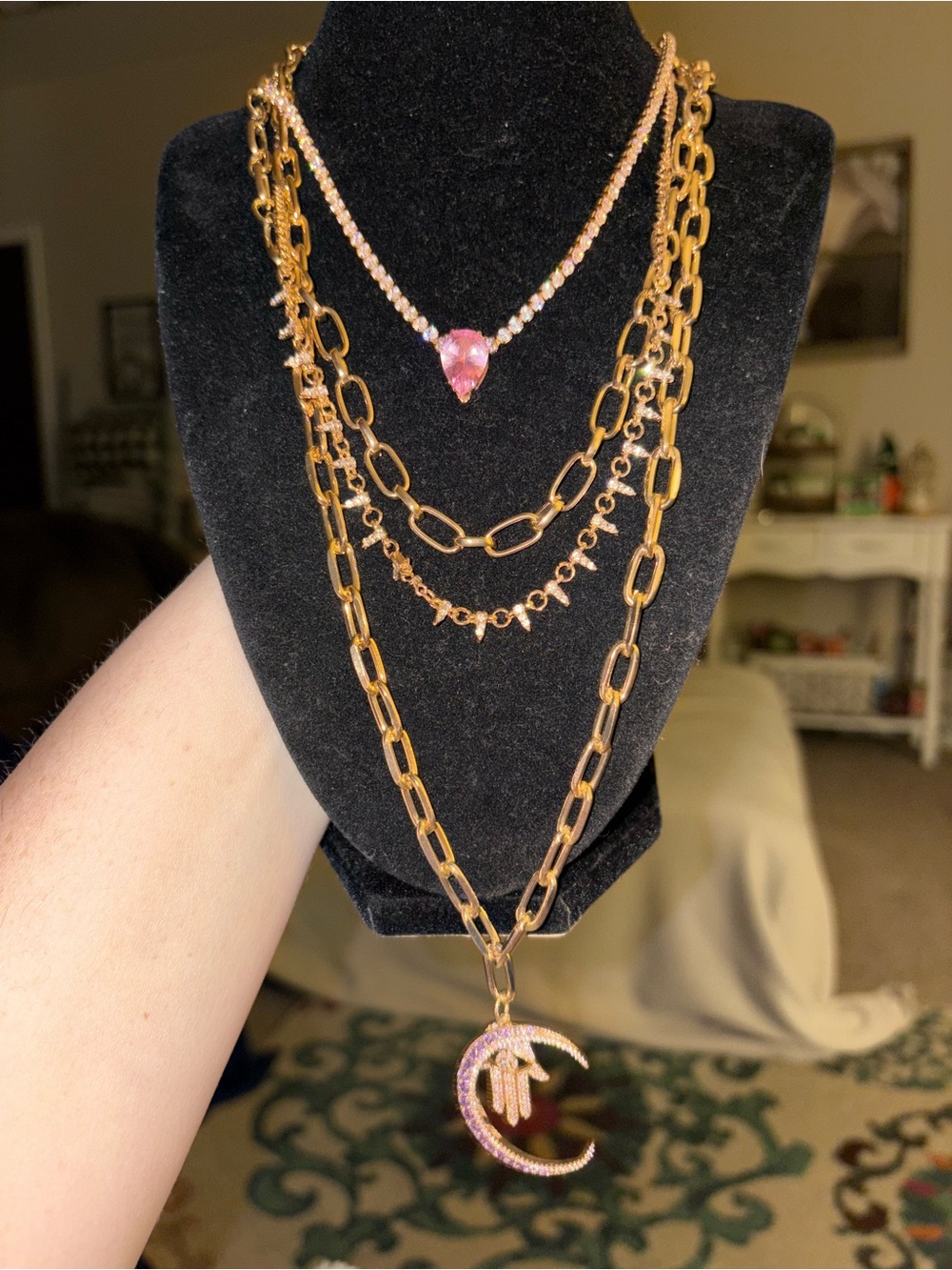 Gold Tone Layered Necklace Set with Pink Stone Pendant - Hamsa Moon Charm